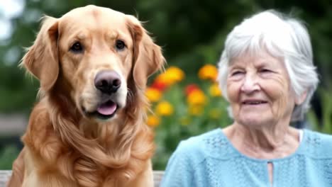 an endearing moment between a senior woman and her loyal golden retriever, capturing the bond of friendship and joy in nature's embrace