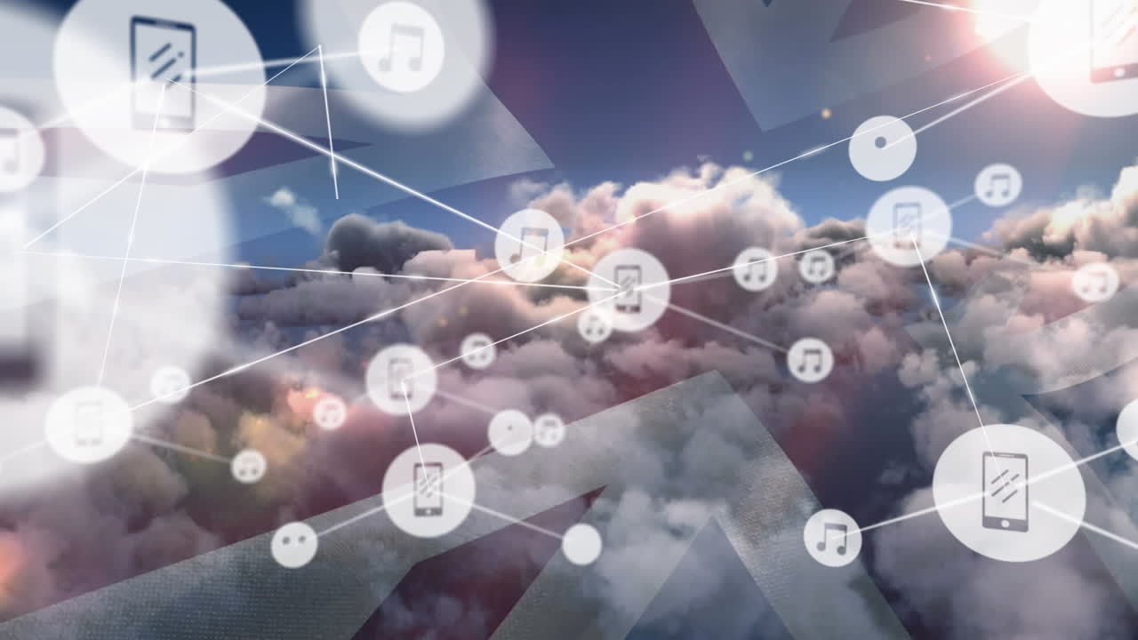 영국  ⁇ 발과 구름 위의 아이콘과 연결 네트워크의 애니메이션