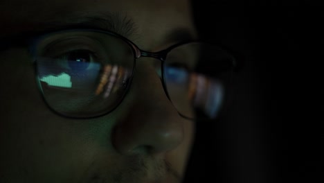 traider working at night looking at monitor, reflections in eyeglasses