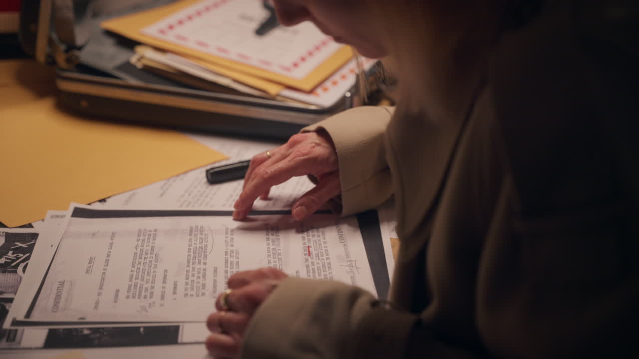 Secret female agent or security analyst is reading top secret classified documents on office desk in dark room. Government or agency. Conspiracy investigation of files and folders by detective