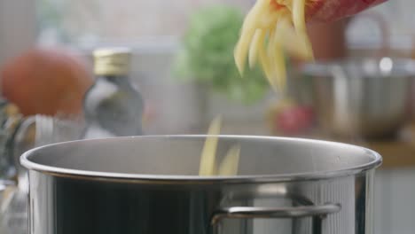 penne falling down into cooking pot of boiling water