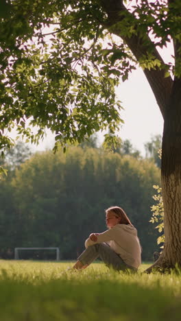 lady seated under tree with arms folded over her legs, in thoughtful reflection, gently moving leaves create a tranquil atmosphere, with background of green field and distant goalpost