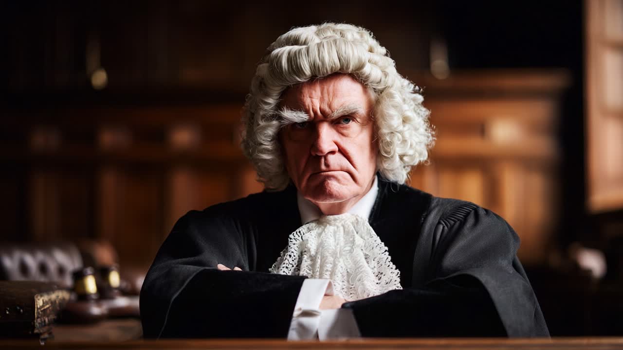 A Stern Judge Observes Proceedings with Authority and Intensity, Dressed in Traditional Robes and Wig, Framed by the Historic Courtroom's Warm Wooden Aesthetic