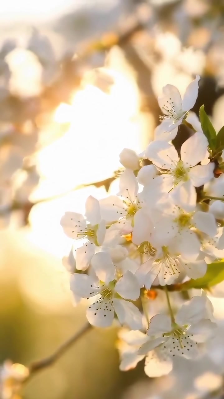White Cherry Blossoms Blooming in Warm Golden Hour Sunlight