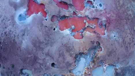 Aerial-top-down-shot-of-boiling-geothermal-clay-mud-pots-during-daytime---Reykjanes,Iceland