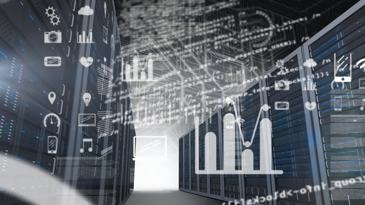 animación del procesamiento de datos y los iconos de los medios en la sala del servidor