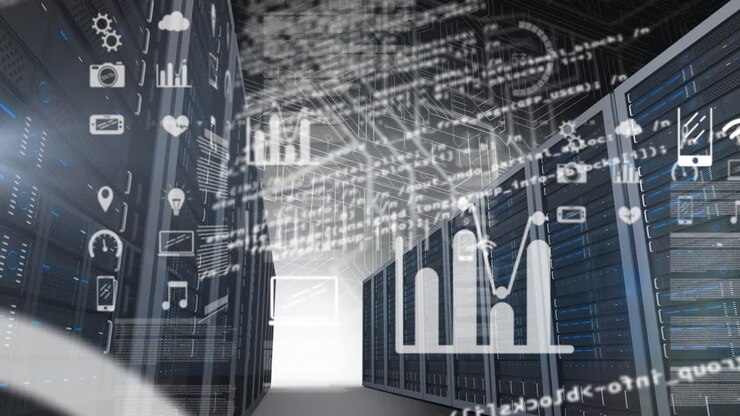 Animation of data processing and media icons over server room