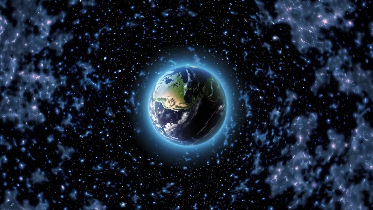A cosmic video scene with Earth centered in a wide-angle view, surrounded by a starry galaxy