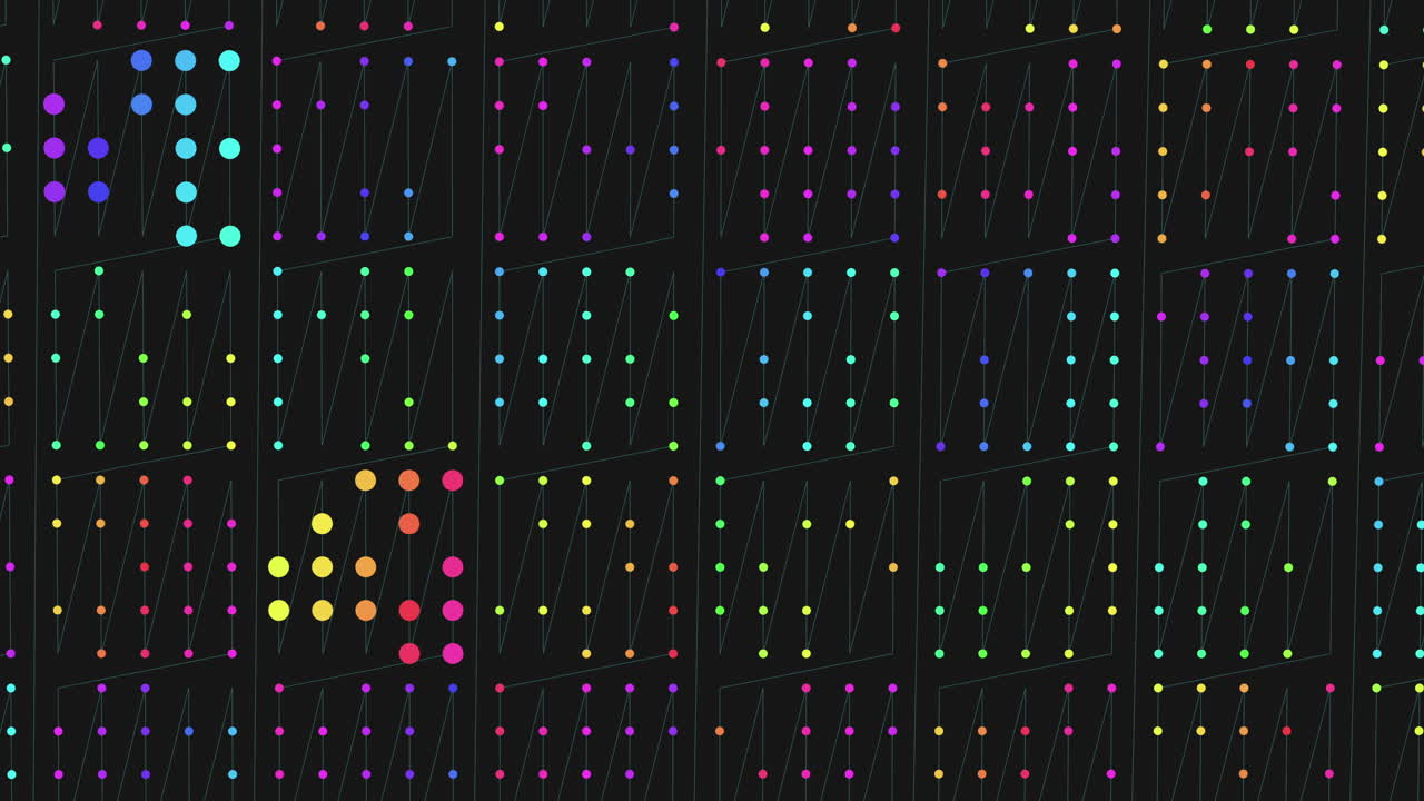 Colorful grid of dots in a varied arrangement, some in bright hues and others in dark shades forming a vibrant and organized pattern