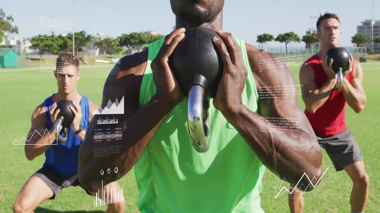 다양한 남자들이 덤벨을 들어 올리는 금융 데이터 처리의 애니메이션