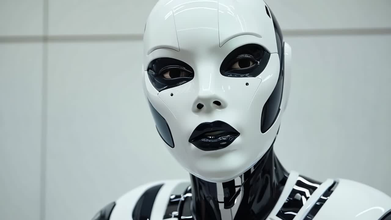un primer plano de un robot con maquillaje en blanco y negro