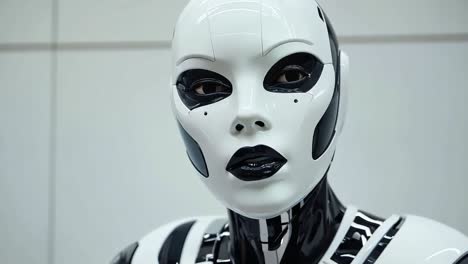 a close up of a robot with black and white makeup