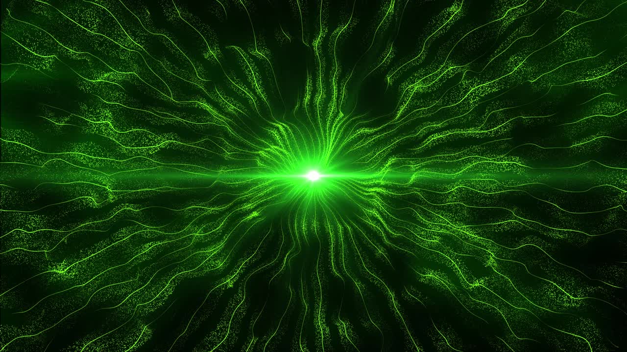 círculo de luz de brillo verde, brillo brillante brillo oval y ondas digitales ligeras con partículas