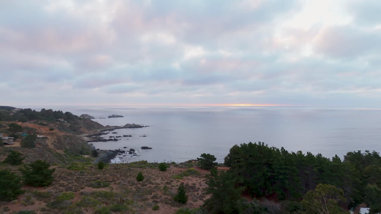 Quintay Chile Casablanca Valparaiso beach sea foam, morning drone travelling