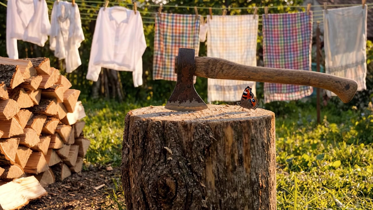 Un'ascia appoggiata su un ceppo di legno naturale circondata da legna appena tagliata e bucato che asciuga al sole contro un incantevole sfondo esterno.