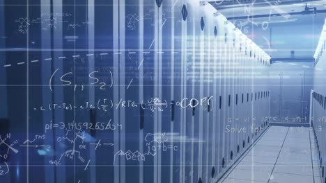 animation of mathematical equations, data processing and light spot against computer server room