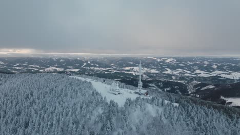 winter drone orbit move around the radhost chappel during golden hour part3, beskydy 4k