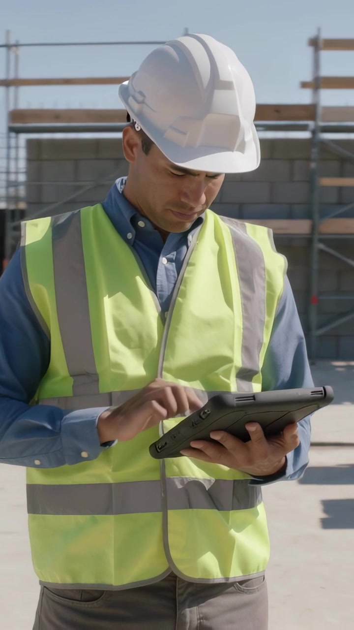 Vertical video: Starting foreman hardhat hi-vis vest tapping rugged tablet at site, checking data