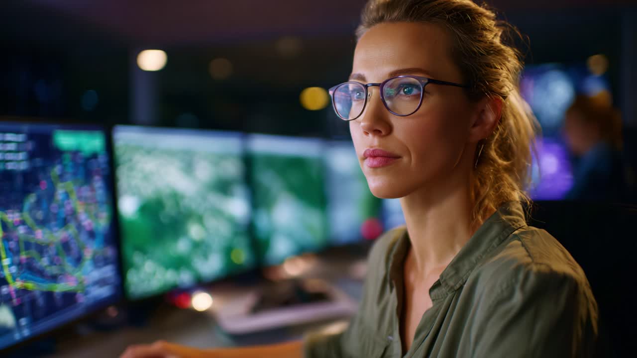 Focused Analyst Working on Complex Data Analysis with Multiple Monitors Displaying Informative Graphs and Maps in a Modern Office Environment