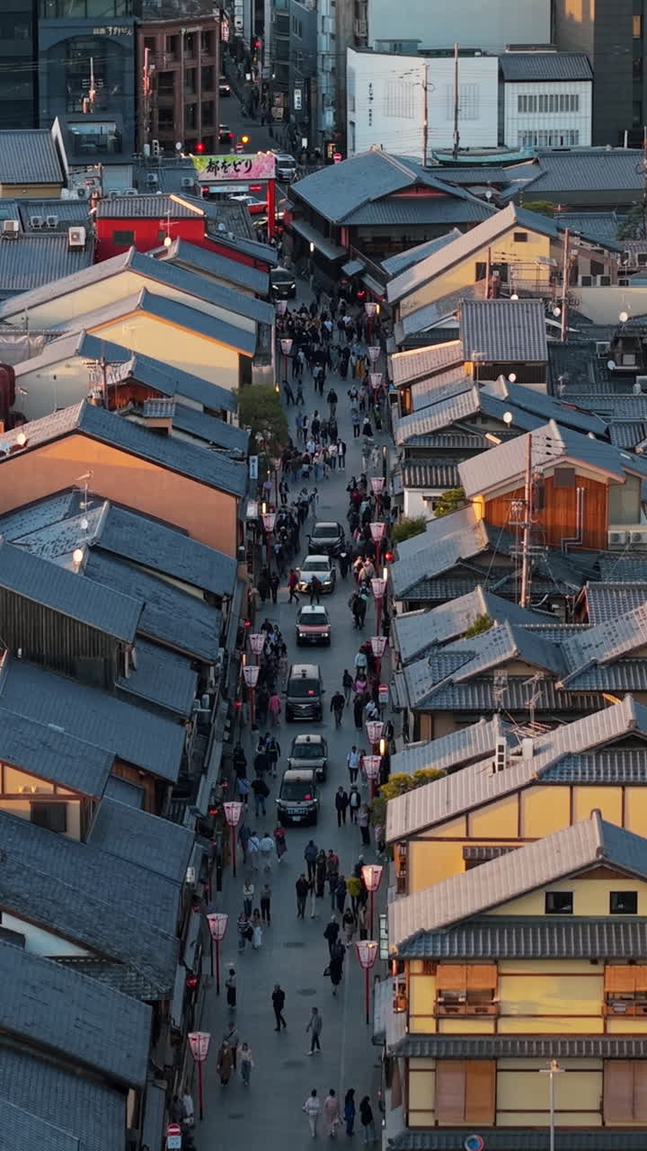 Aerial drone view of the Hanamikoji Street in Kyoto, Japan in daylight