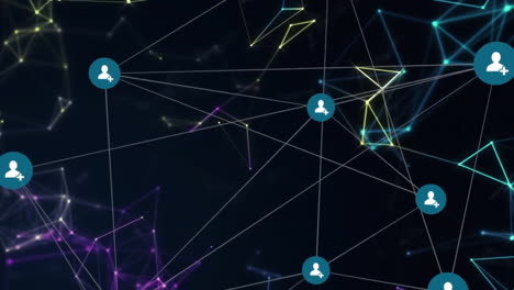 network connections and user icons animation over dark background with colorful lines