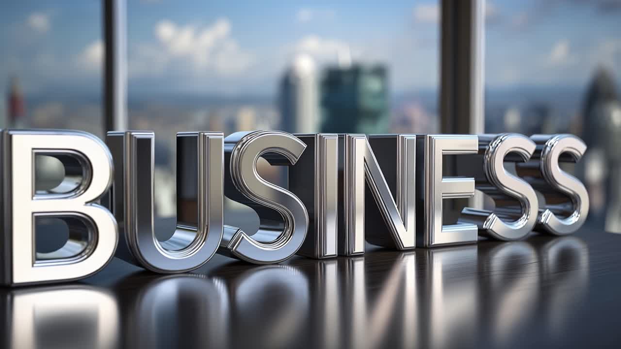 Metal letters spell "BUSINESS" on a polished desk. City skyline visible through large office windows. Reflections gleam under bright, natural lighting. Modern, clean, professional atmosphere