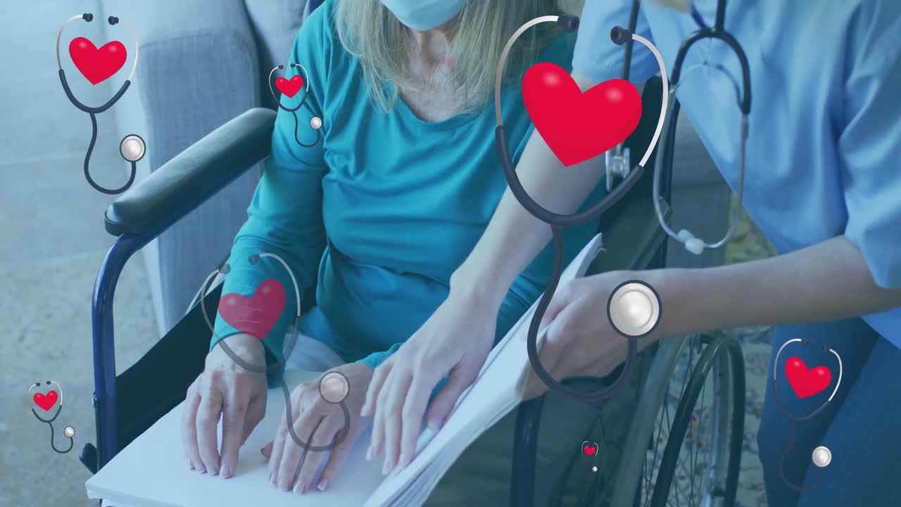 анимация стетоскопа с сердцем над кавказской медсестрой и пациентом, читающими брайлем