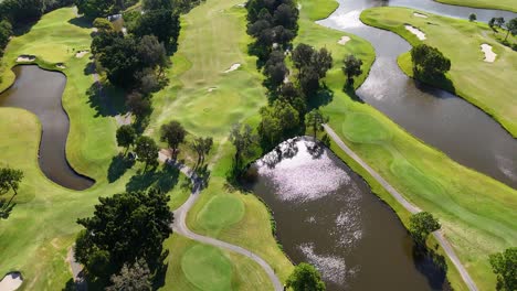 lush golf course with water features and trees