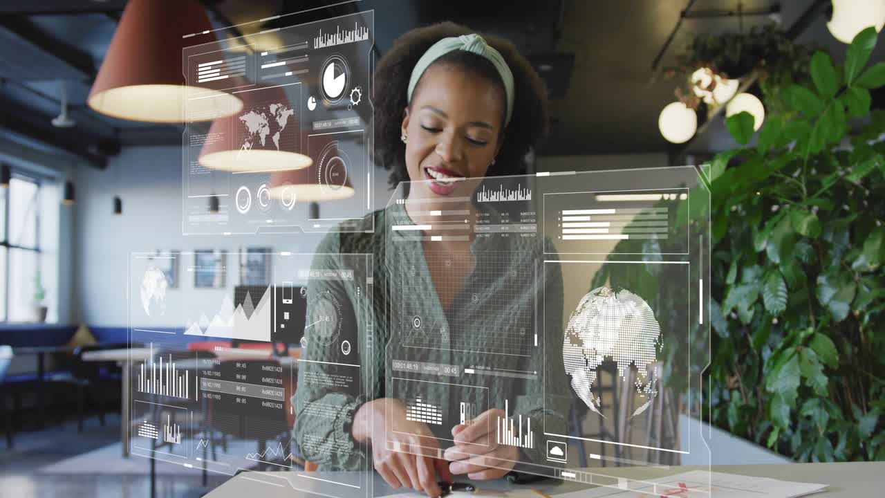 Business analyst smiling and leaning, presenting data panels and globe then writing insights