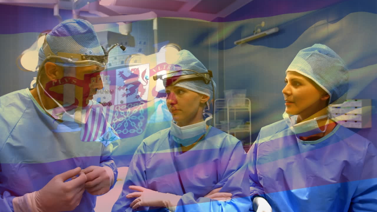 수술실에서 외과 의사 들 위 에 스페인 국기 가 흔들리는 애니메이션