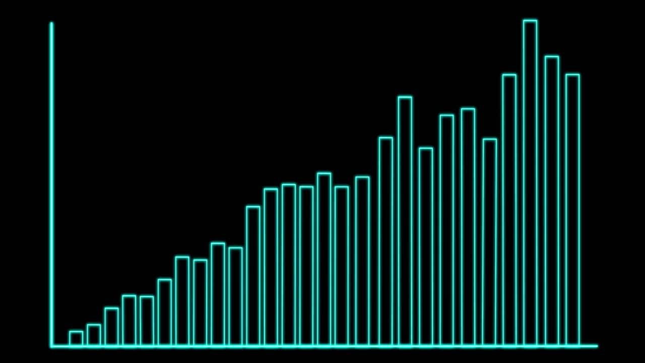 Neon blue bar graph animates upward, increasing in height and complexity, on a black background