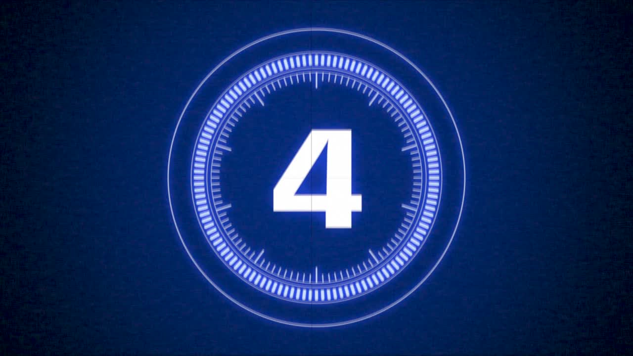 Digital blue film countdown with glitch effect in futuristic style