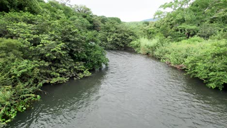 Small-river-flowing-in-lush-jungle-in-Costa-Rica-on-cloudy-day