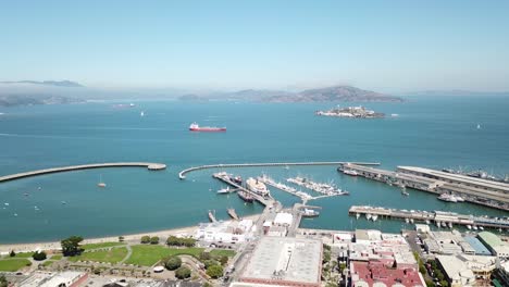 aerial sideways of fisherman's wharf bay and alcatraz island