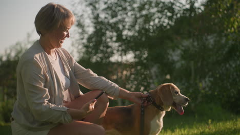 woman holding dog by leash takes pictures of dog outdoors in grassy field under warm sunlight, with dog looking away focused on something else while owner smiles cheerfully