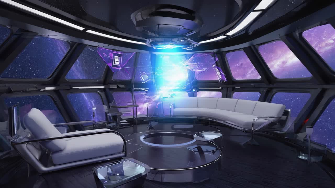 Futuristic Spaceship Lounge with a View of Space