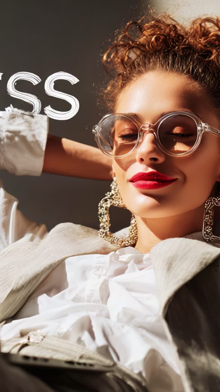 Smart og selvsikker: En fashionabel kvinde nyder solskinnet og viser statement-øreringe og stilfulde briller frem i en glamourøs positur med en afslappet stemning