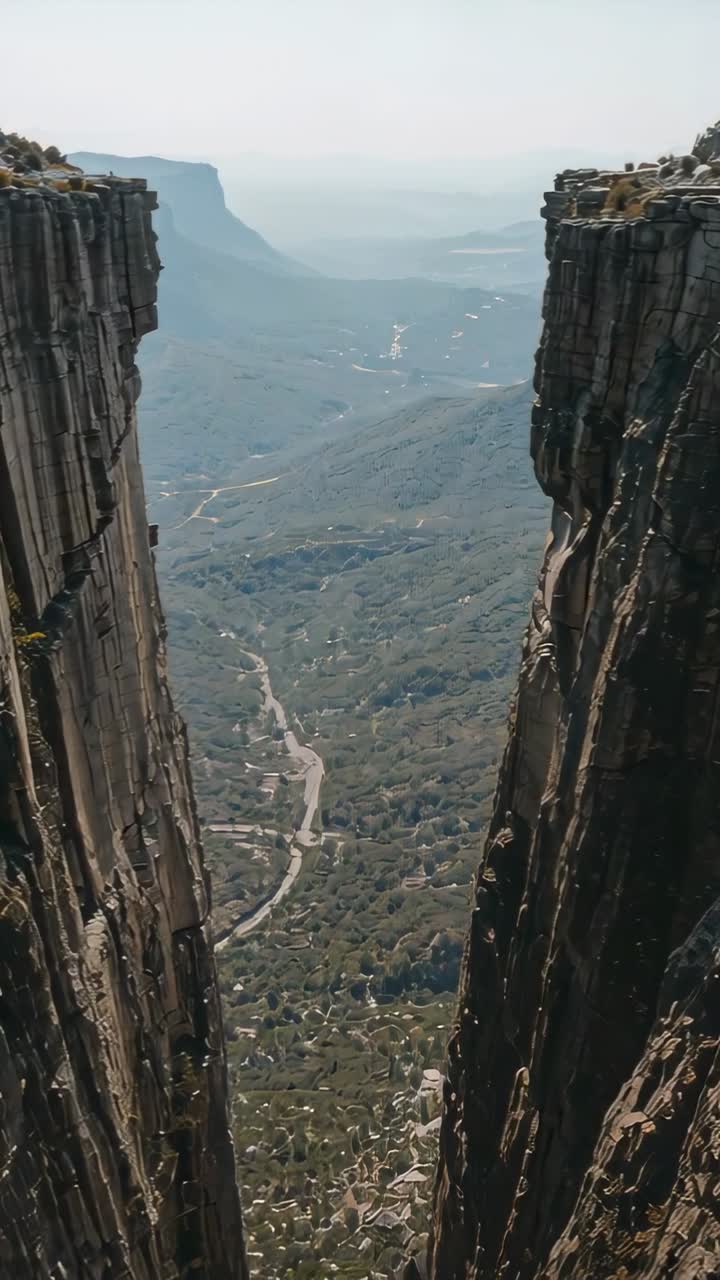 Video verticale: Telecamera che si muove in panoramica verso il basso tra le scogliere dal bordo, mostrando valle, strada e acqua.