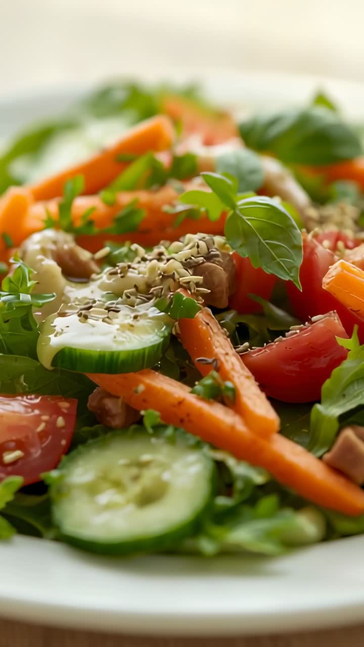 Vertical video: Camera starting cucumber close up, panning over salad on plate, showing vegetables