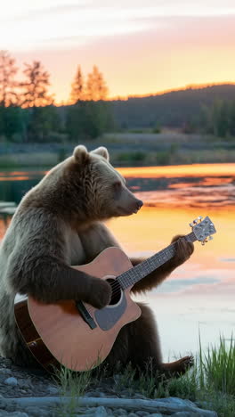 a bear enjoying music while strumming a guitar during a beautiful sunset by the water