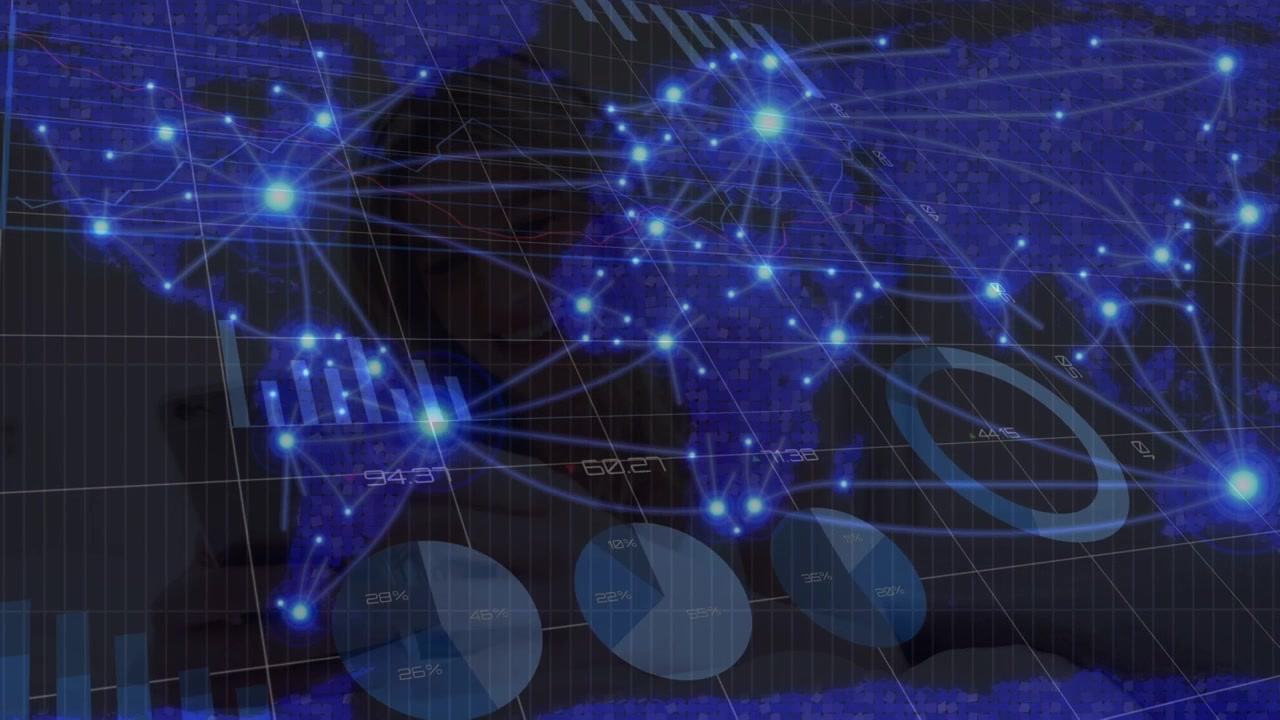 Animation of blue light trails over world map and statistical data processing on black background