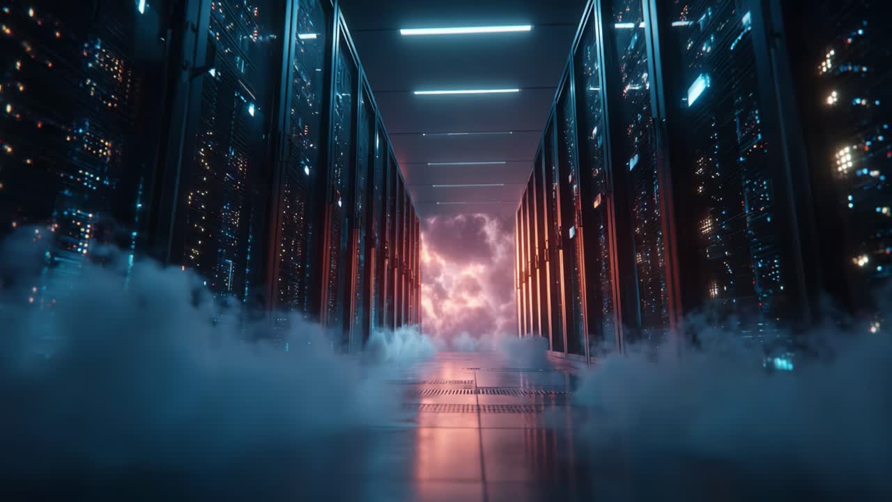 A Futuristic Data Center Corridor Illuminated by Neon Lights, Shrouded in Mystical Fog, Leading to a Dramatic Cloudy Abyss Beyond the Rack Servers