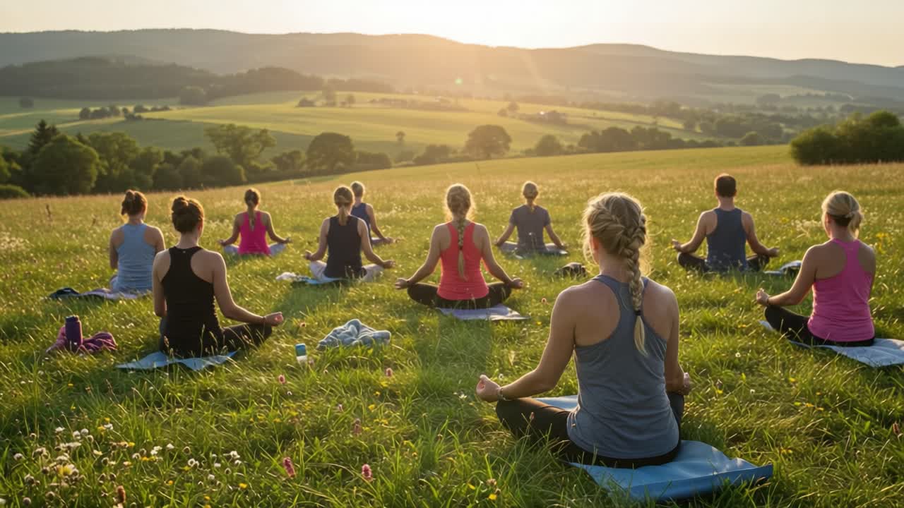 A group of people practicing yoga or meditation in a peaceful field at sunset