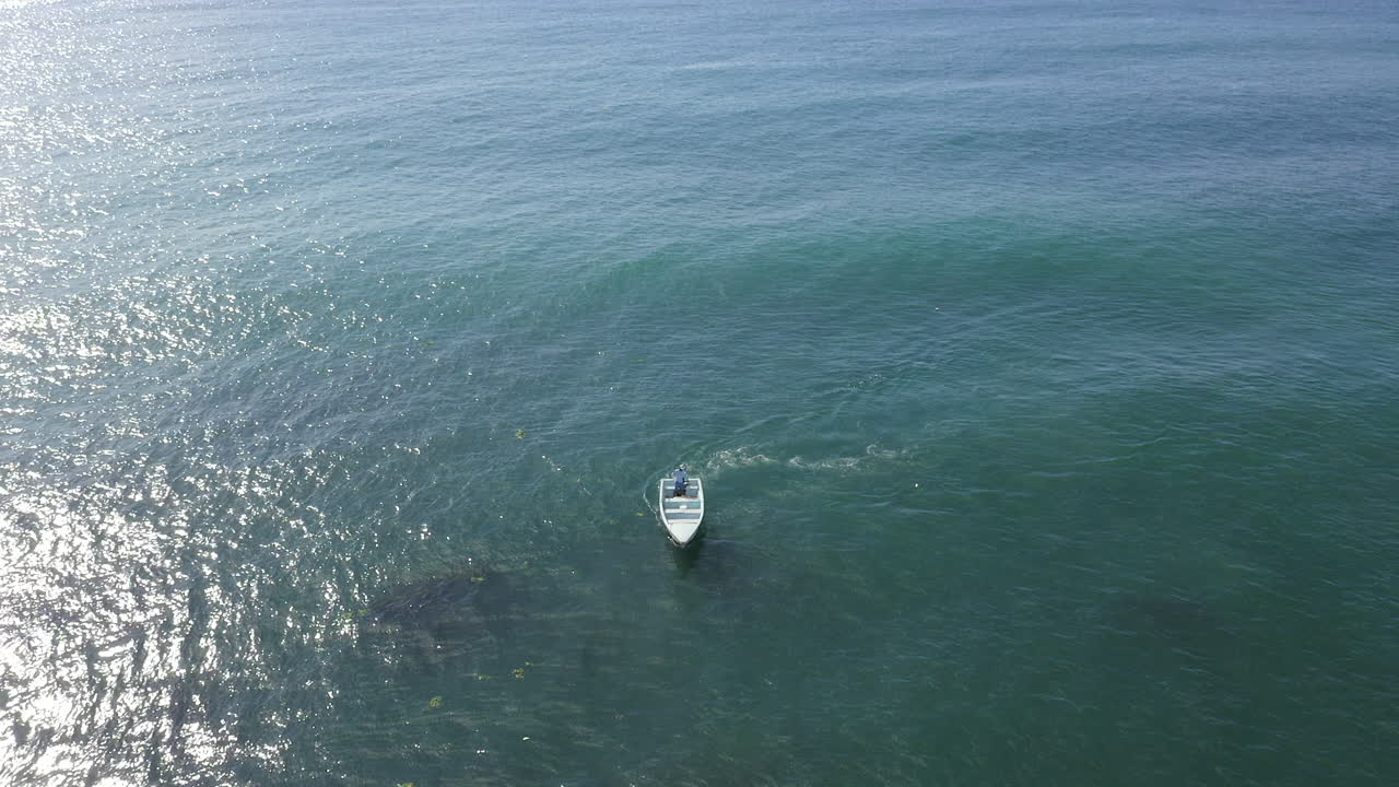 넓은 바다에서 고립 된 모터 보트에 공중 앞으로 기울이기