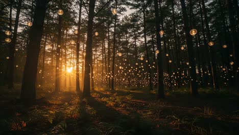 a magical forest at sunset enveloped in glowing orbs: an enchanting scene of nature's beauty and serenity under soft golden light