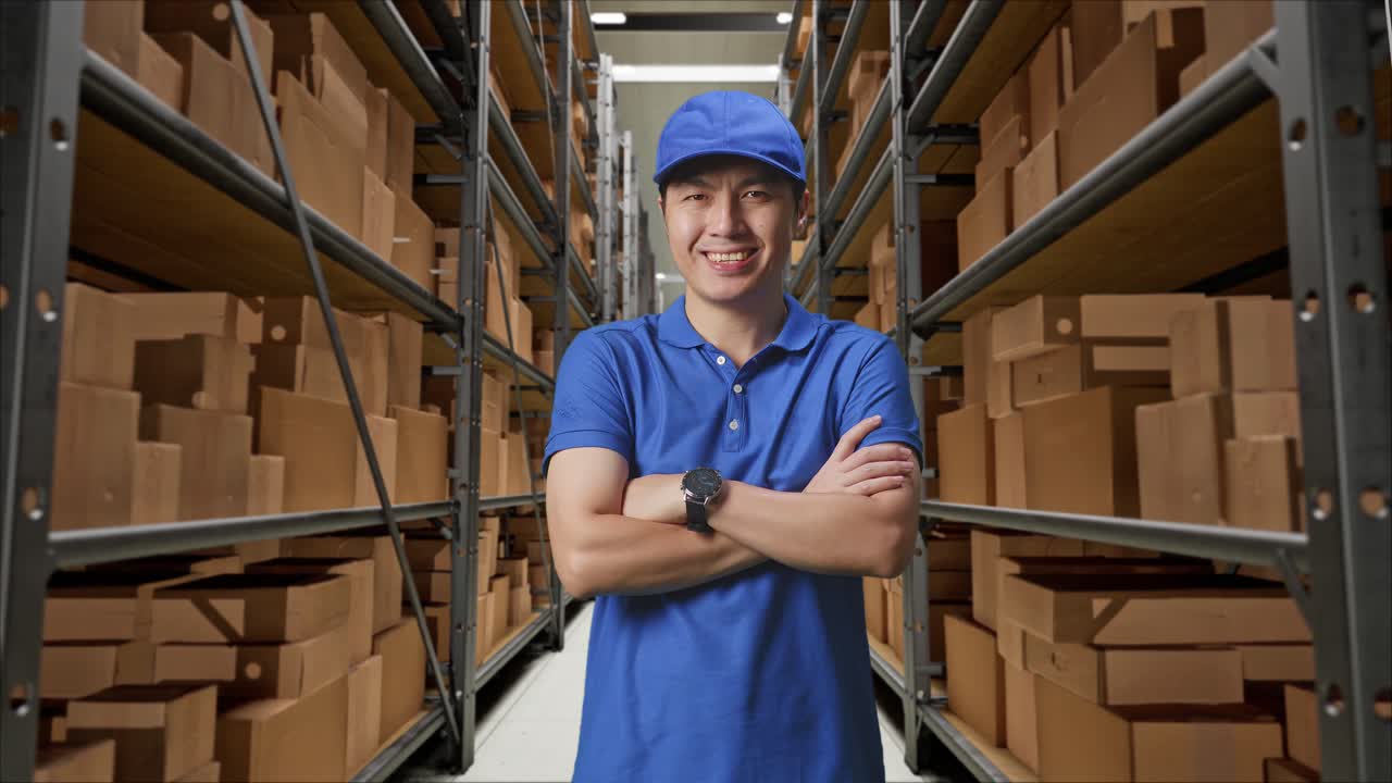 mensajero masculino asiático en uniforme azul sonriendo cruzando los brazos en el almacén