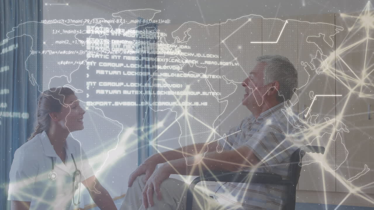 animación de procesamiento de datos contra una doctora caucásica hablando con un paciente masculino en silla de ruedas.