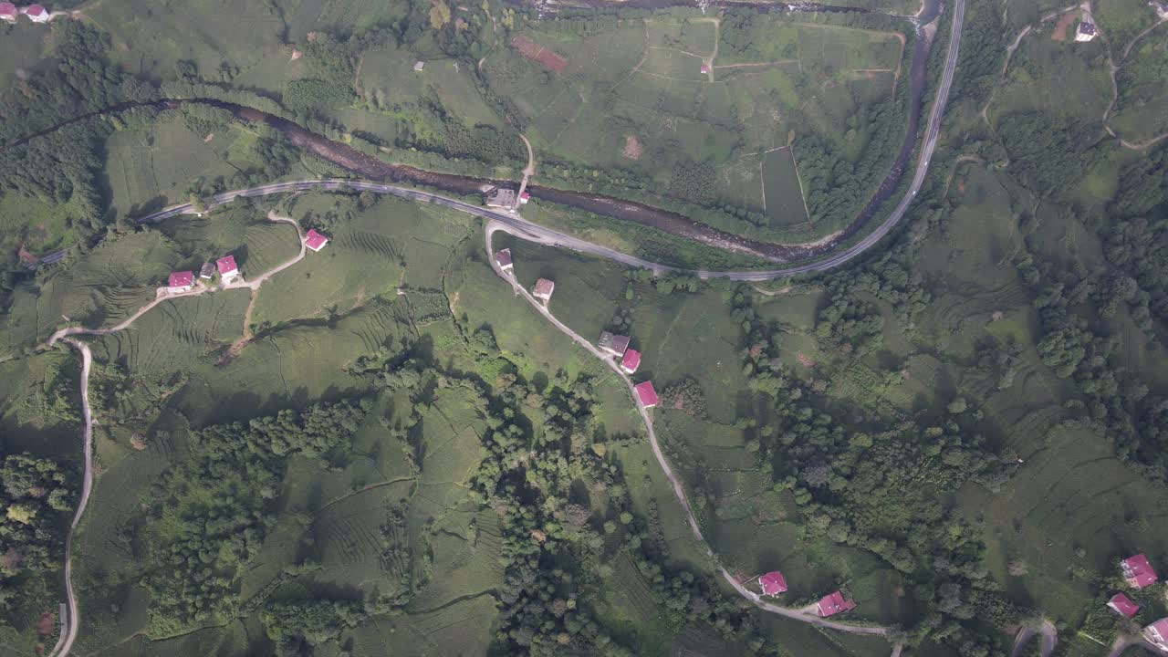 vista de avión no tripulado de las carreteras de acceso a las casas construidas en la colina, el asentamiento entre la vegetación