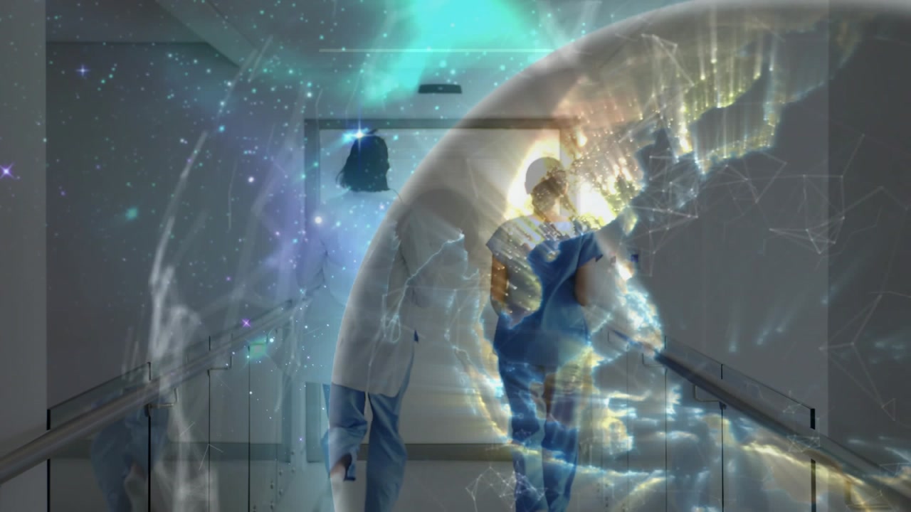 Two nurses jogging down ward hallway while hologram expanding and raising arms opening sensor door