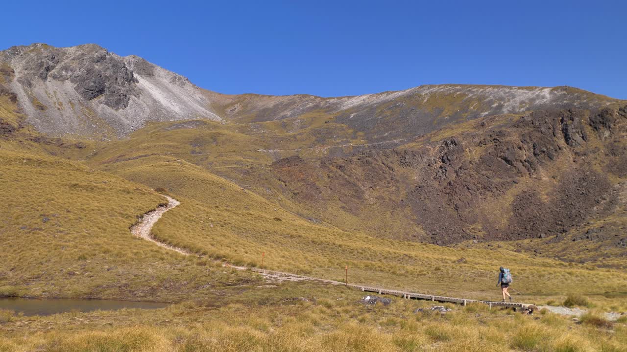 el caminante cruza el paisaje árido de la montaña, estático, fiordland, kepler track nueva zelanda